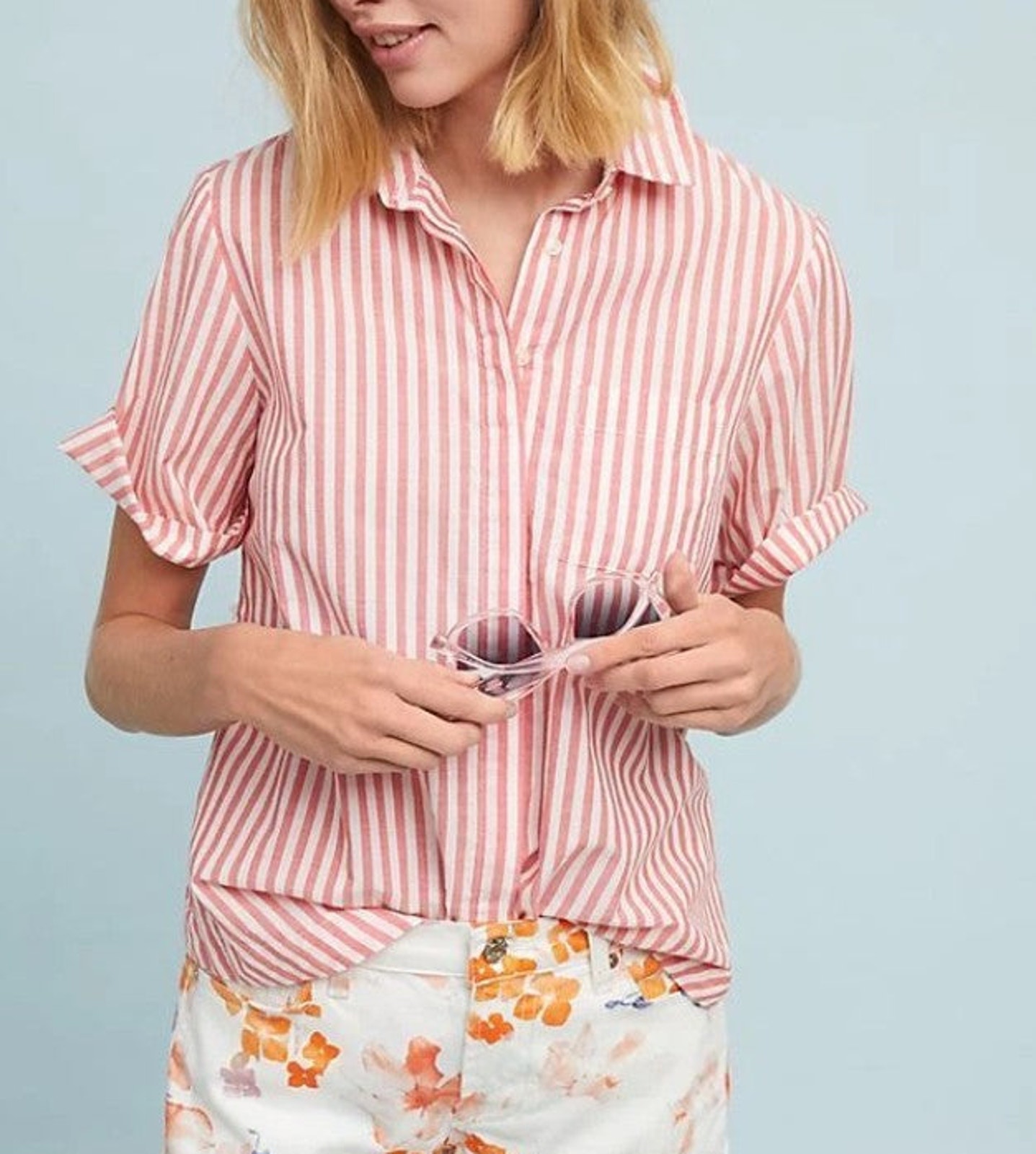 Anthropologie Bethany Red White Striped Belted Cotton Shirt L